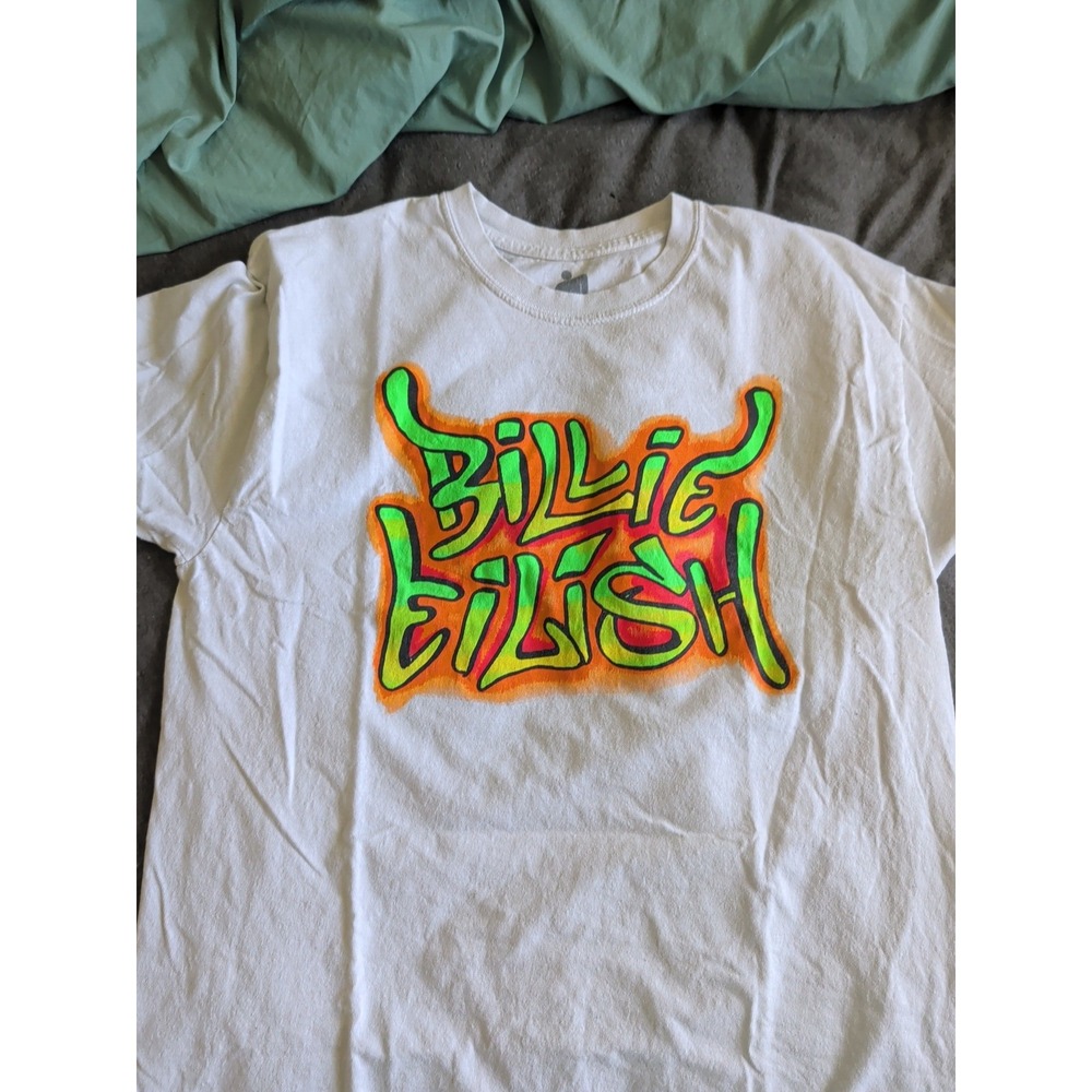 Billie Eilish White Graffiti Logo Graphic T-Shirt 2020 Lash Music Large